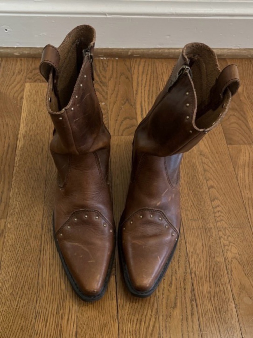 Harley-Davidson Riding Boot-Brown Leather Western Ankle Boots with Stud Details